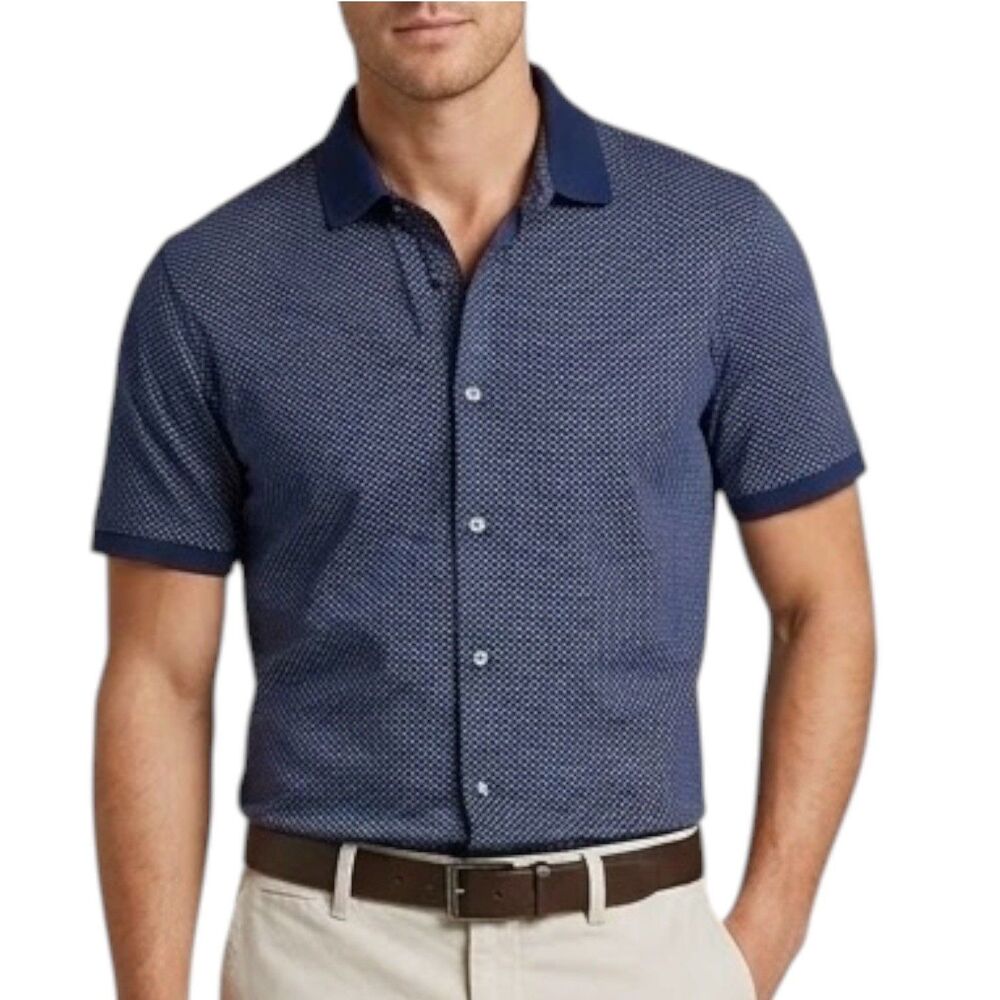 Michael Kors Mens Large Navy Blue Geo Print Short Sleeve Full Button Polo Shirt